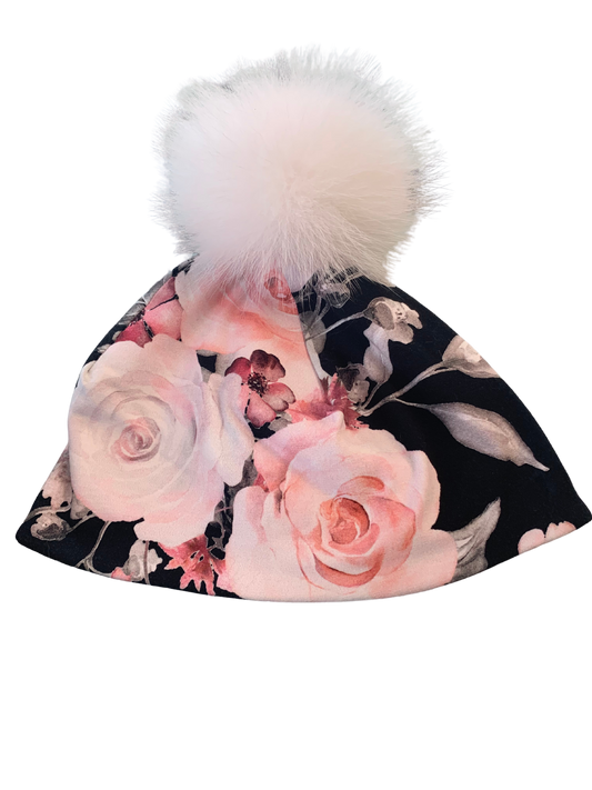 M.E.F Créations - Tuque à pompon doublure en polar adulte - noir fleuris rose